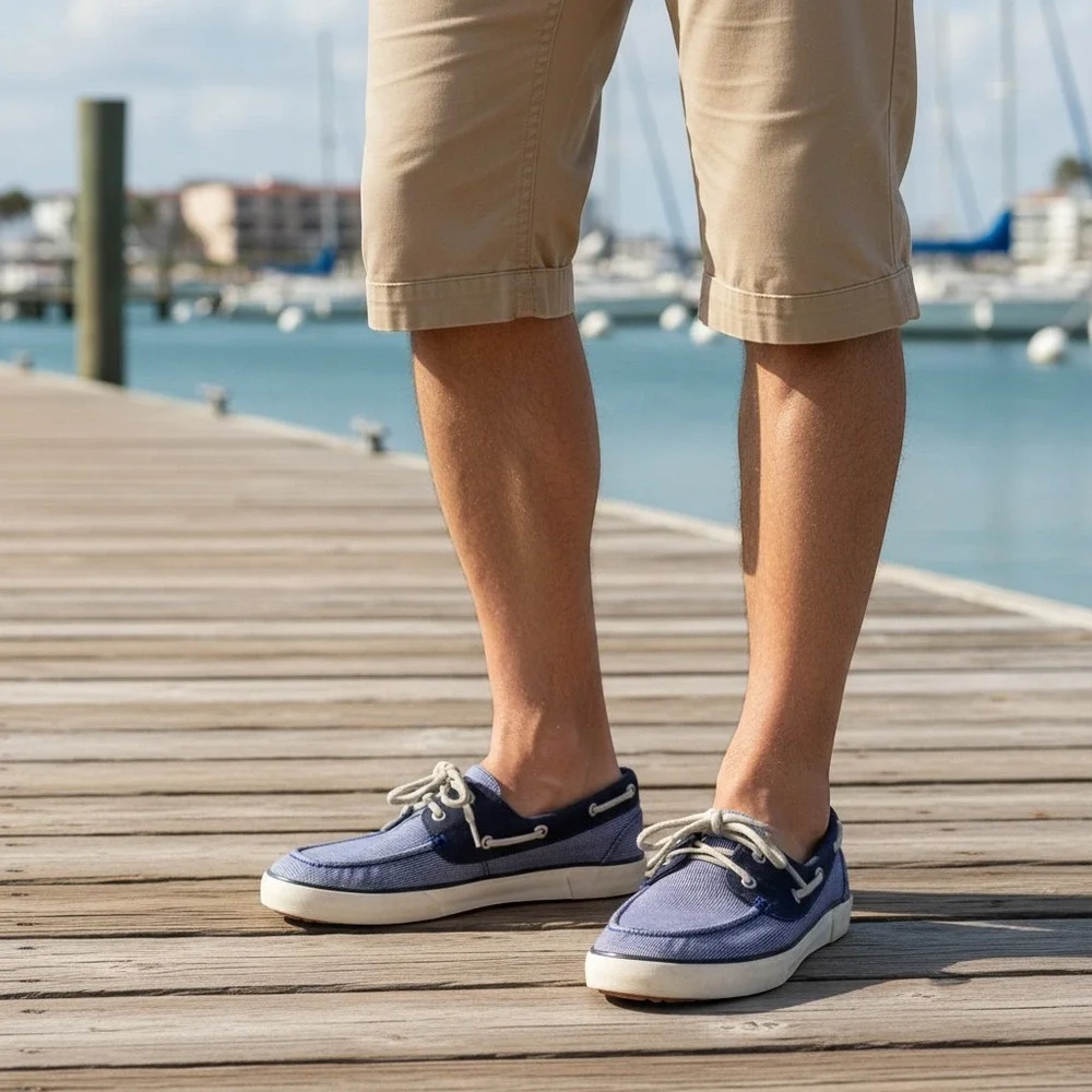 Polo Ralph Lauren Mens Gingham Canvas Boat Shoes Navy White Loafers
